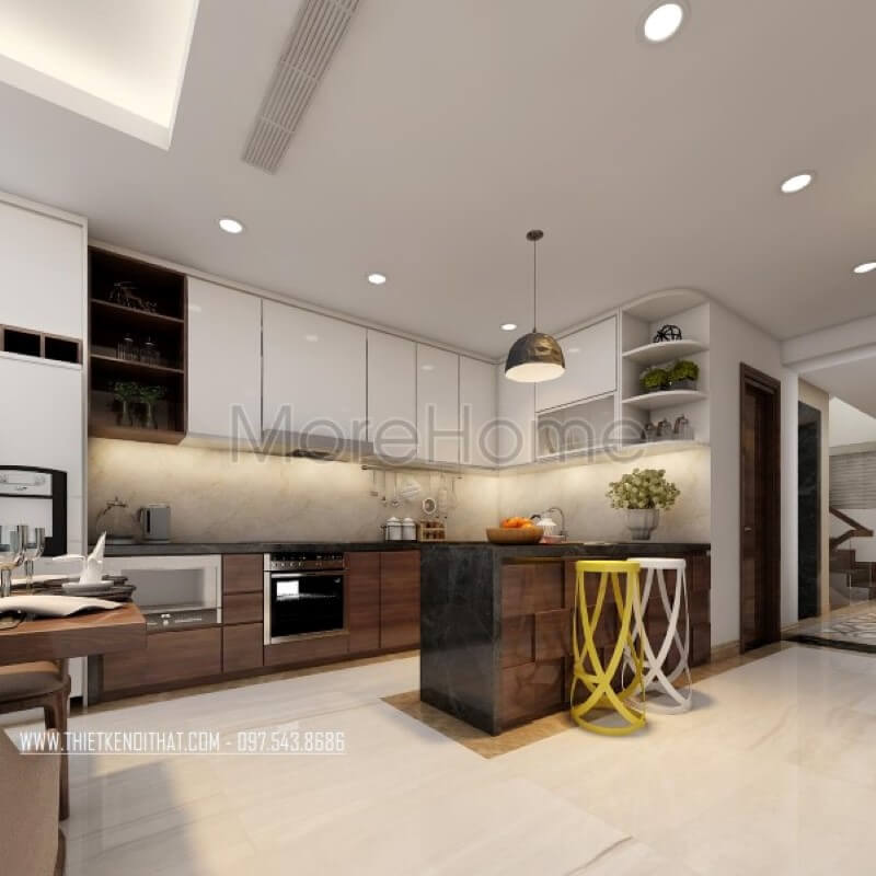 Nội thất phòng bếp gỗ công nghiệp đơn giản, hiện đại