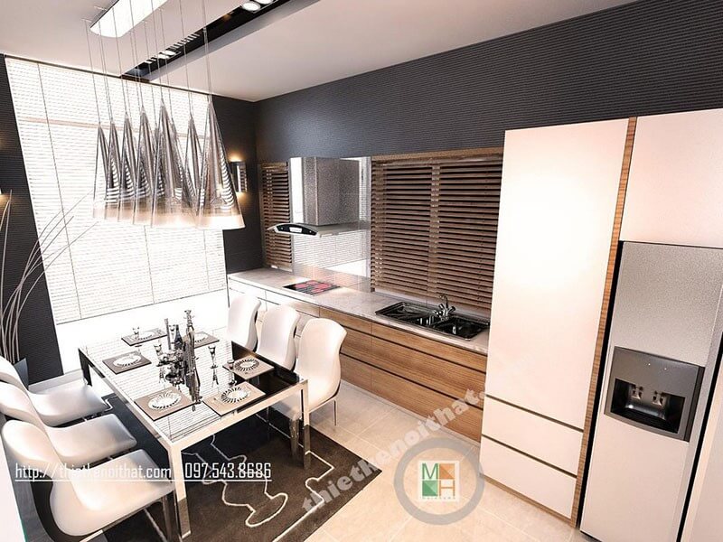 Nội thất phòng bếp gỗ công nghiệp đơn giản, hiện đại