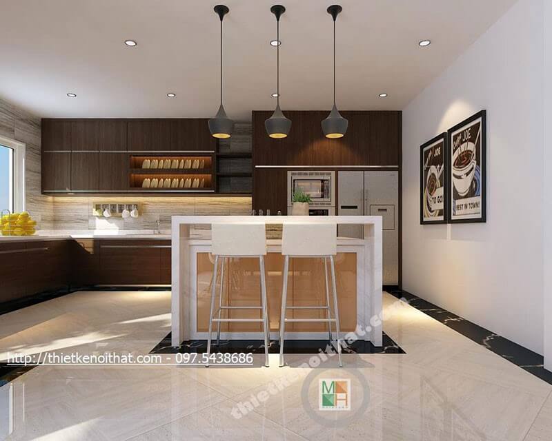 Nội thất phòng bếp gỗ công nghiệp đơn giản, hiện đại
