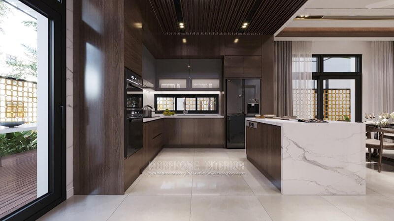 Nội thất phòng bếp được kết hợp giữa gỗ óc chó và đá ốp tự nhiên cao cấp tăng thêm sự sang trọng Thiết kế nội thất phòng bếp gỗ tự nhiên cao cấp