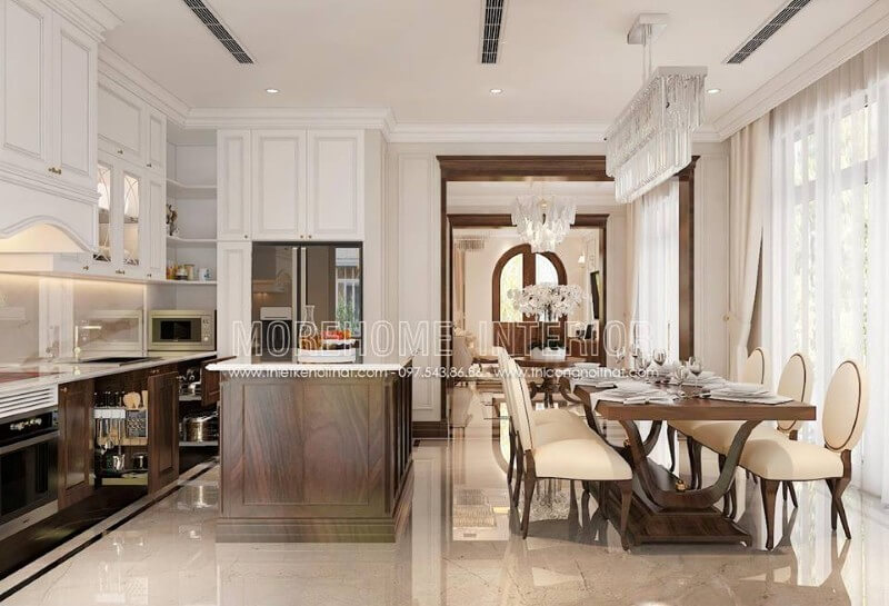 Bố trí nội thất phòng ăn liền kề với khu vực nấu nướng mang lại cho gia chủ những bữa ăn nhanh chóng và ngon miệng hơn