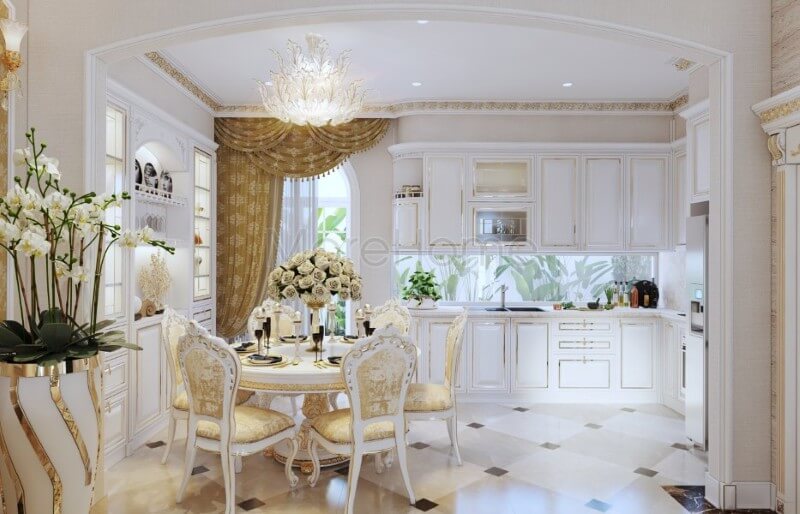 Thiết kế nội thất phòng ăn tân cổ điển liền kề với không gian phòng bếp giúp mang lại những bữa cơm nhanh chóng và ngon miệng hơn
