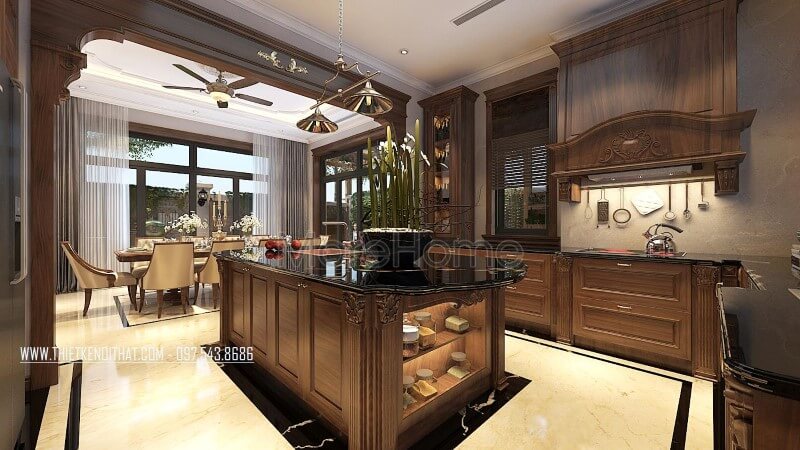Thiết kế tủ bếp gỗ óc chó tự nhiên nhập khẩu cao cấp tại hà nội _ Nội thất Morehome Thiết kế nội thất phòng bếp biệt thự tân cổ điển