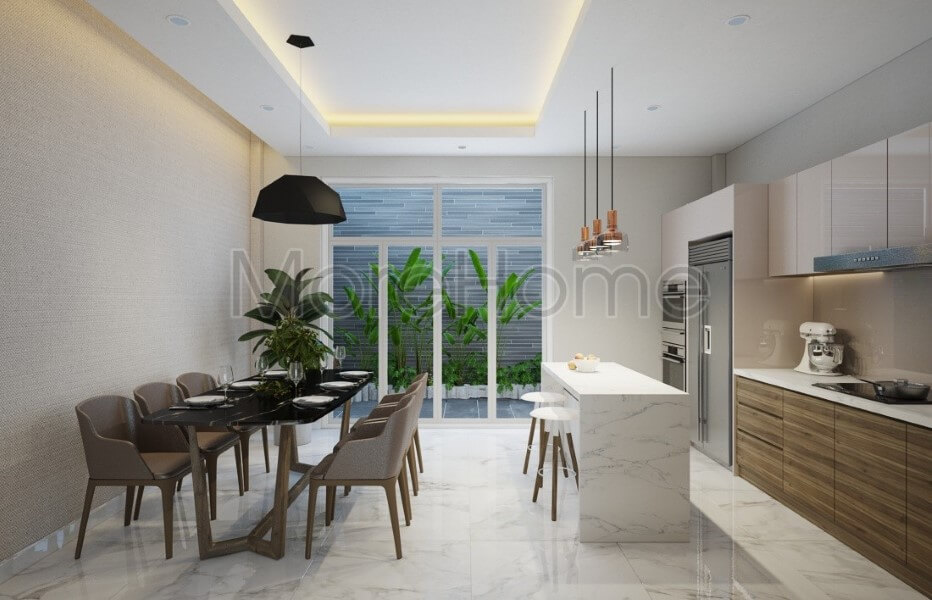 Thiết kế nội thất phòng ăn cạnh bếp đẹp hiện đại cho nhà phố Thiết kế nội thất phòng bếp gỗ tự nhiên