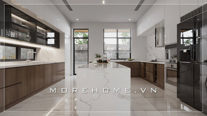 Mang đến không gian phòng bếp lí tượng với mẫu thiết kế nội thất phòng bếp hiện đại với hệ tủ bếp gỗ công nghiệp thông minh tích hợp nhiều công năng .