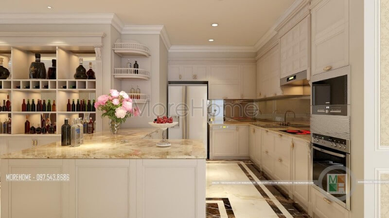 Thiết kế nội thất phòng bếp chung cư cao cấp với tone màu vàng đầy ấn tượng Thiết kế phòng bếp chung cư tân cổ điển đẹp