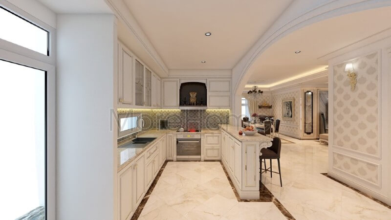 Mẫu thiết kế phòng bếp chung cư phong cách tẩn cổ điển được bố trí liền kề không hề có vách ngăn mang đến sự thuận tiện và linh hoạt cho không gian sống. Thiết kế phòng bếp chung cư nhỏ đẹp