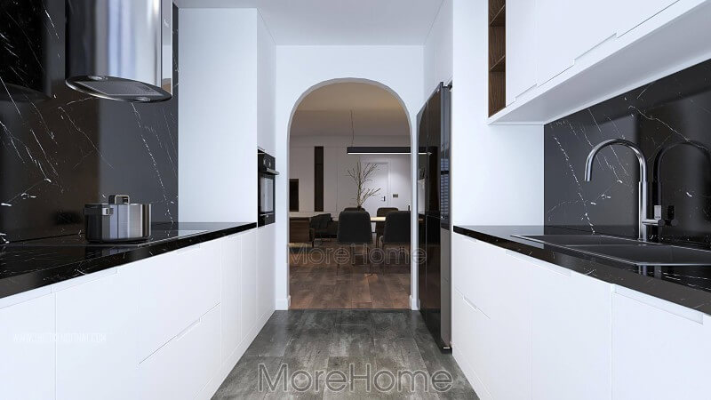 Không gian phòng bếp sang chảnh tiện nghi với mẫu đồ nội thất được làm bằng gỗ Acrylic bóng gương Thiết kế phòng bếp chung cư nhỏ đẹp