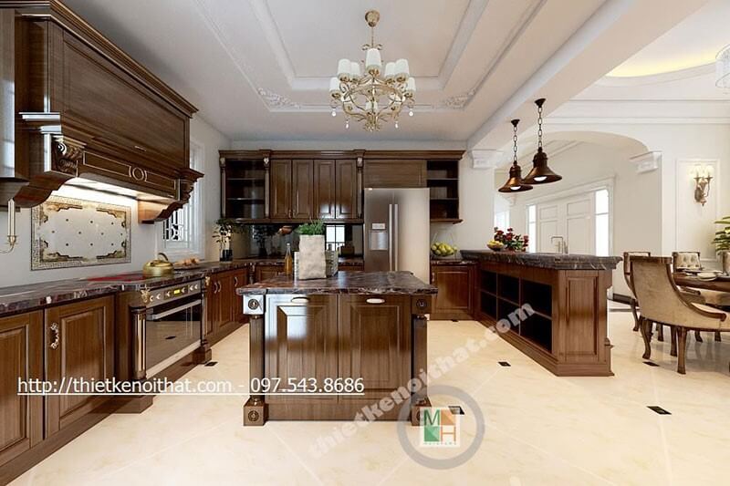 Thiết kế phòng bếp tại biệt thự gỗ hương phong cách tân cổ điển sang trọng, cuốn hút tạo không gian nấu nướng tiện nghi cho người nội trợ Thiết kế phòng bếp biệt thự tân cổ điển sang trọng