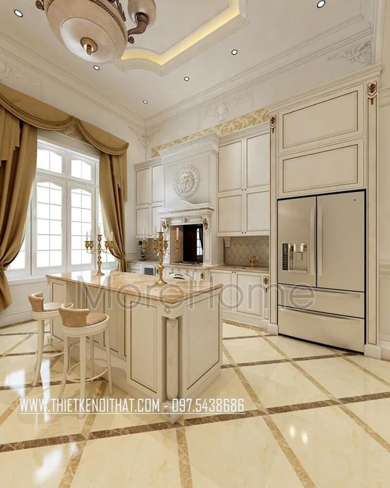Thiết kế nội thất bếp sang trọng với hệ thống tủ bếp màu tắng đường nét tân cổ điển trang trí tỉ mỉ, tinh tế Thiết kế phòng bếp biệt thự tân cổ điển sang trọng