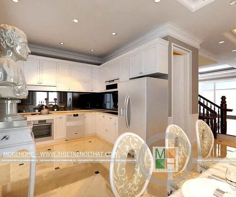 Thiết kế nội thất phòng bếp gỗ tân cổ điển, mặt tường bếp ốp đá màu đen cao cấp tạo không gian sạch sẽ và thoải mái Thiết kế phòng bếp biệt thự tân cổ điển sang trọng