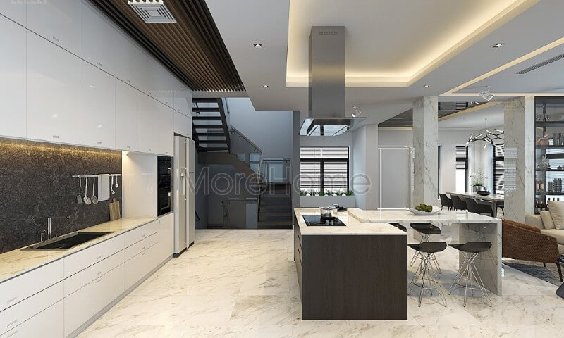 Thiết kế nội thất căn bếp gỗ công nghiệp hiện đại khá rộng rãi, khu bếp nấu ăn và kệ bếp được tách riêng biệt mang đến sự thoải mái và tiện nghi cho gia chủ Trang trí nội thất phòng bếp đẹp
