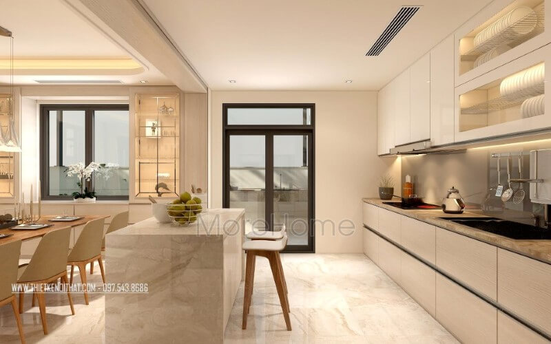 Thiết kế nội thất phòng bếp biệt thự hiện đại, đơn giản vừa đảm bảo tiết kiệm diện tích, tiện nghi lại dễ dàng trong quá trình dọn vệ sinh, linh hoạt khi muốn thay đổi Trang trí nội thất phòng bếp đẹp