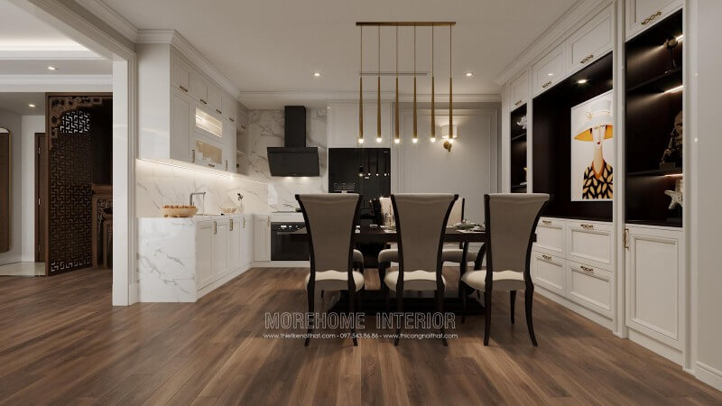 Mẫu thiết kế phòng bếp liền bếp khu vực ăn uống thật độc đáo lạ mắt. Nội thất tại không gian này được bố trí rất hợp lý tạo cho không cảm thấy ngột ngạt chật chội Trang trí nội thất phòng bếp đẹp
