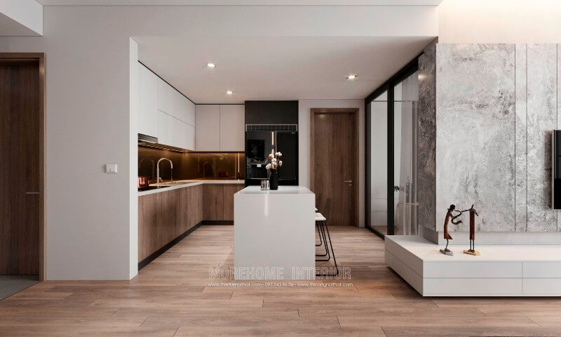 Trang trí nội thất phòng bếp ấn tượng với chất liệu gỗ công nghiệp An Cường. Ở chính giữa được bố trí thêm chiếc bàn đảo tích hợp của nhiều công năng tạo sự tiện nghi cho người nội trợ Trang trí nội thất phòng bếp đẹp