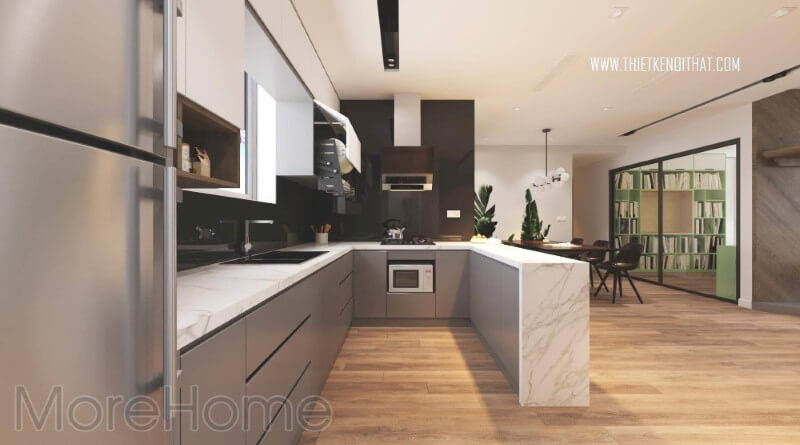 Nội thất phòng bếp chung cư hiện đại với các thiết bị nội thất bếp tiên nghi , đa năng đáp ứng như cầu caủa người nội trợ Thiết kế phòng bếp chung cư hiện đại