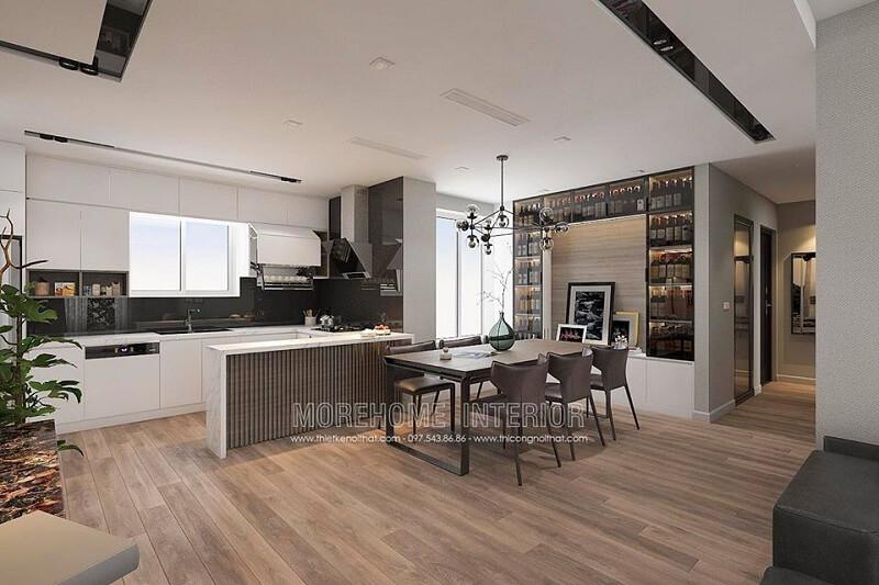 Thiết kế phòng bếp chung cư đẹp với hệ tủ bếp acrylic thông minh cùng bộ bàn ăn gỗ cao cấp được nhiều gia chủ yêu thích và hướng đến Thiết kế phòng bếp chung cư hiện đại