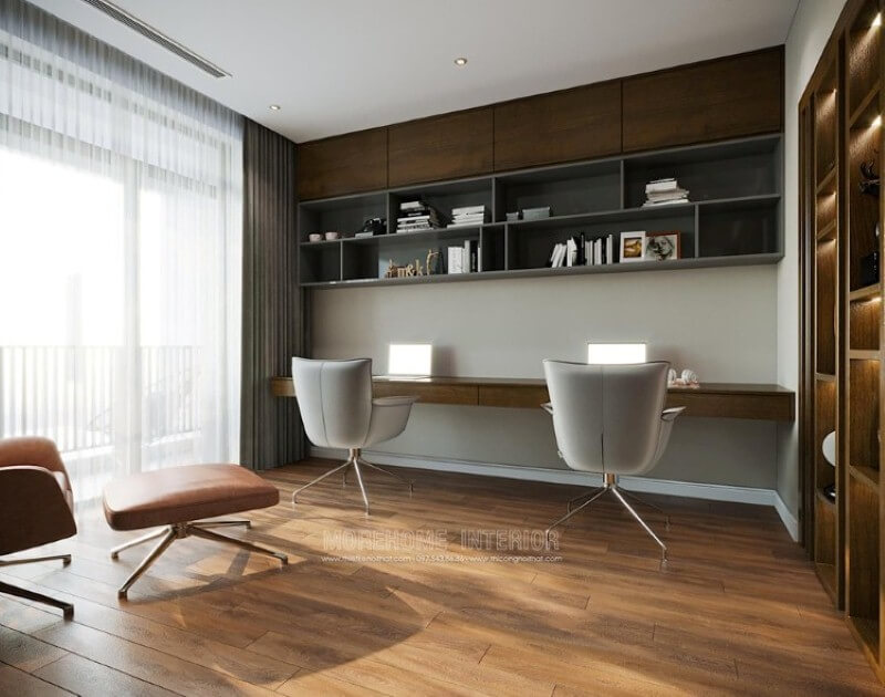 Kệ để đồ với nhiều ngăn sẽ là lựa chọn giúp bạn lưu trữ đồ một cách khoa học trong phòng học. Mẫu thiết kế nội thất chung cư đẹp