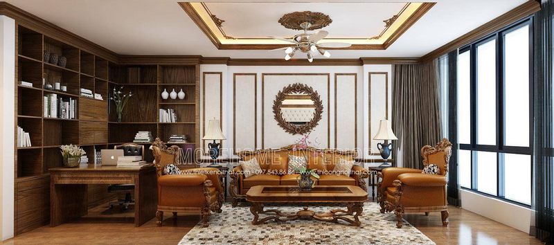 Phòng làm việc được nâng tầm sang trọng hơn bằng cách thêm bộ Sofa tân cổ điển có chất liệu bọc da màu vàng đặc biệt lạ.