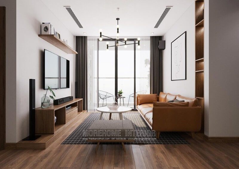 Không gian phòng khách được trang bị sang trọng với một bộ kệ ti vi hiện đại.